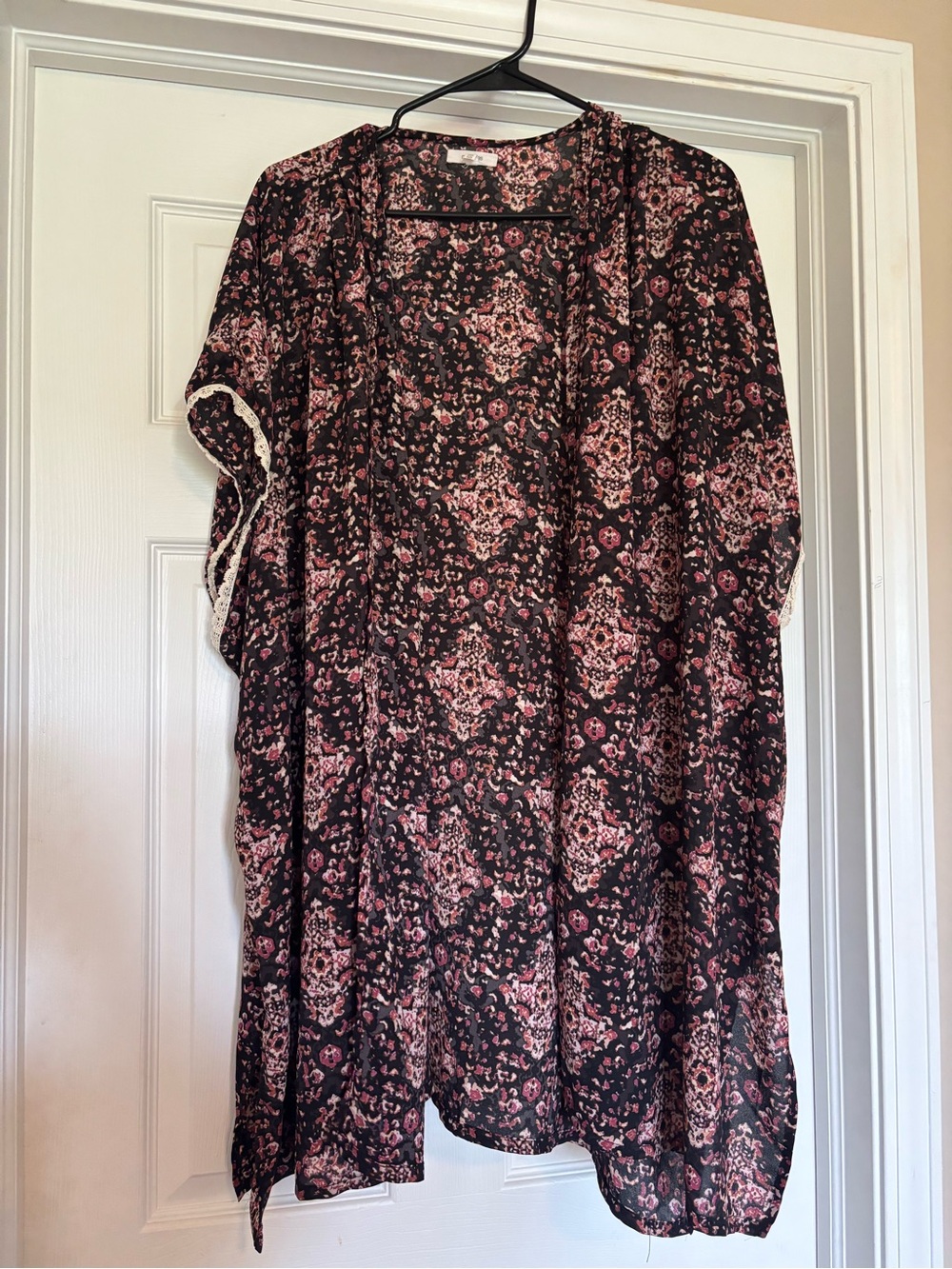 Maurice’s Black Floral Lace-Trim Kimono with Pink Accents